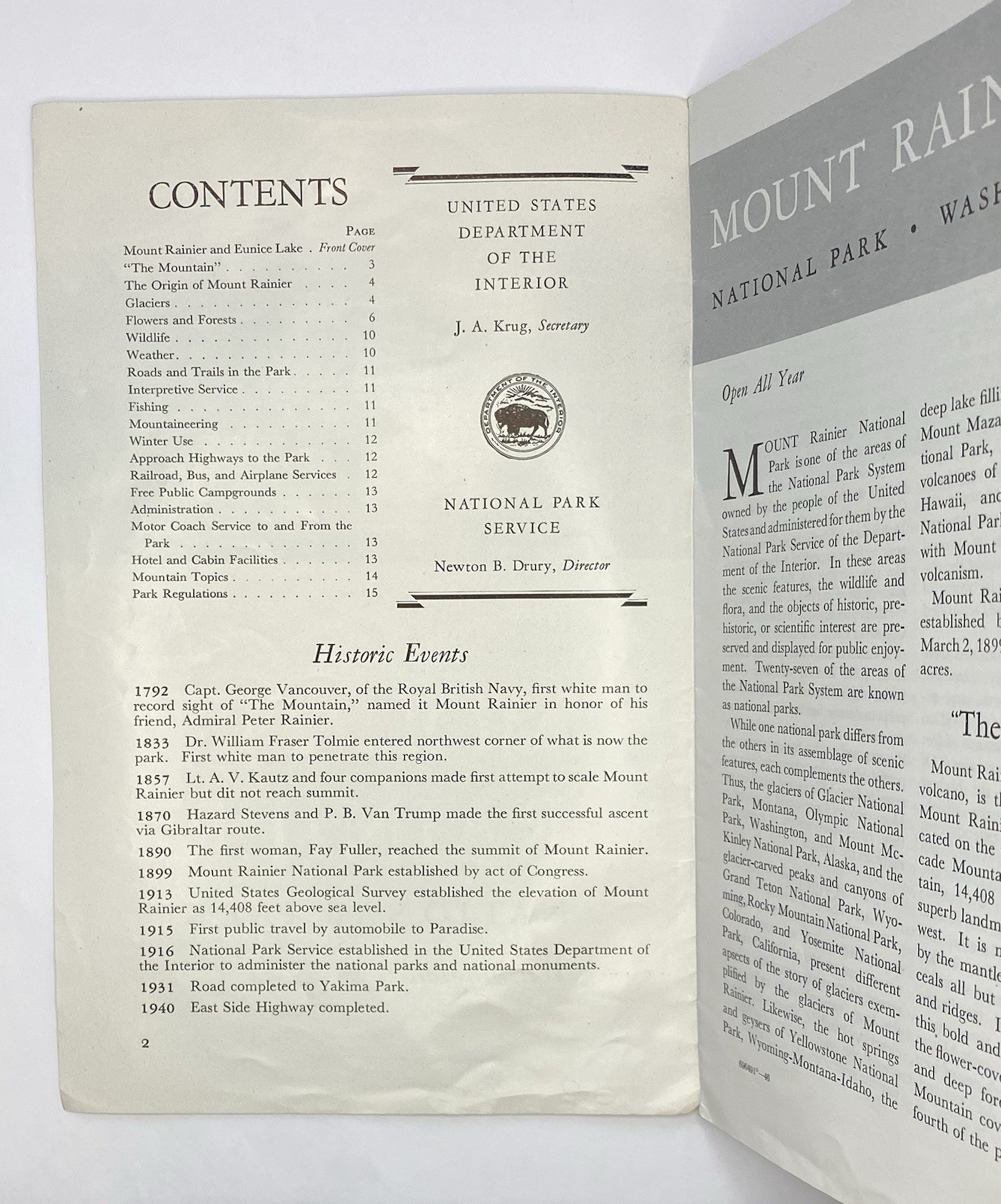 1946 Mount Rainier Washington Brochure Info National Park Govt Dept of Interior
