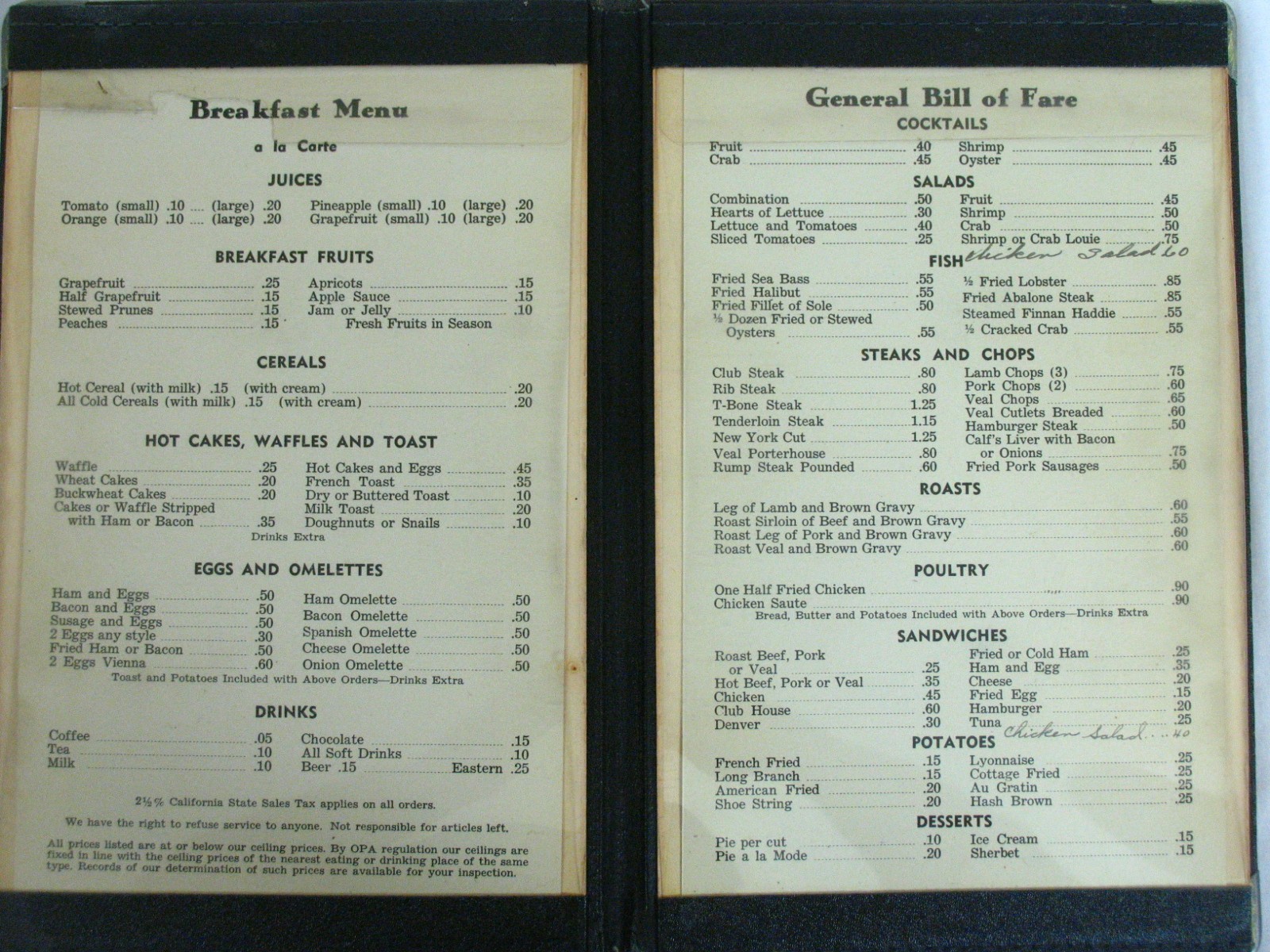 Vintage/Antique Yosemite Park Caffee Breakfast Dinner Menu Leather Cover