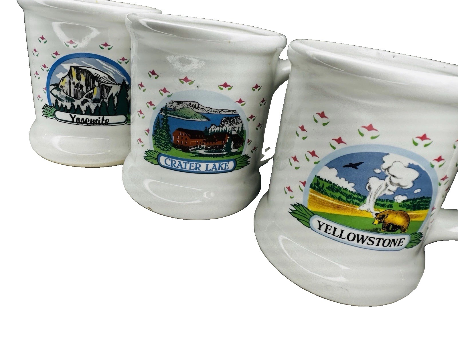 Vintage Set of 3 National Park Souvenir Coffee Mugs Yellowstone Yosemite Ceramic