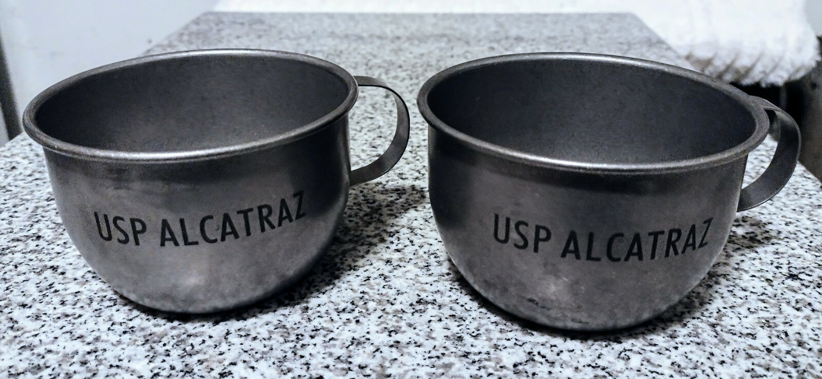 Set of 2 USP Alcatraz Replica Prison Inmate Cups Tin Metal Reproduction