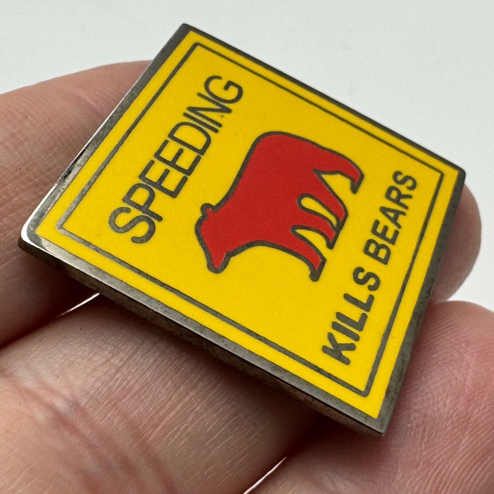 Speeding Kills Bears Lapel Pin Warning Sign Red Bear Graphic Yellow