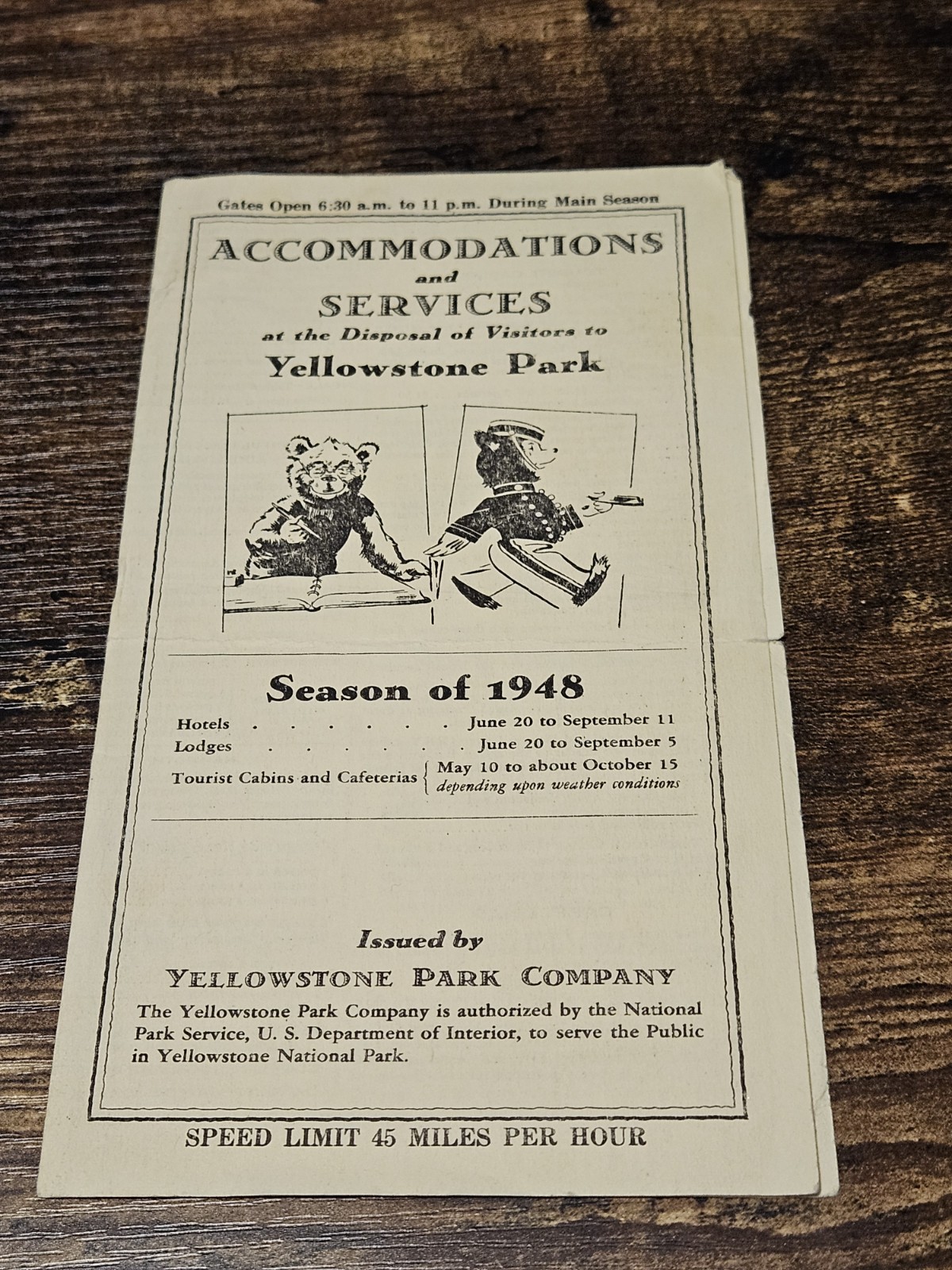 Yellowstone Park Accommodations Services Rates Brochure w MAP 1948