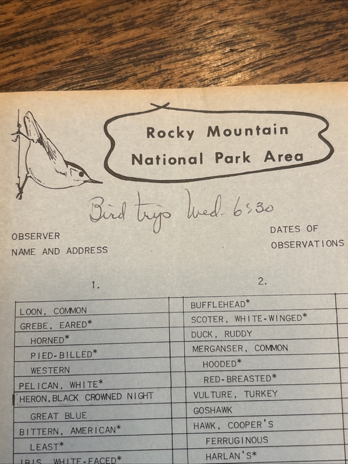 Rare Vintage Rocky Mountain National Park Bird Checklilst 1963