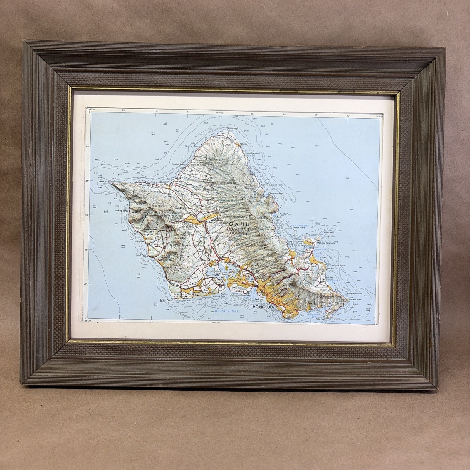 Raised Relief Map of the island of Oahu, Hawaii Honolulu 3D Framed Vintage