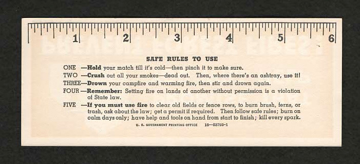 Smokey The Bear 1950s Paper Advertising Ruler Smokey Says “Prevent Forest Fires”