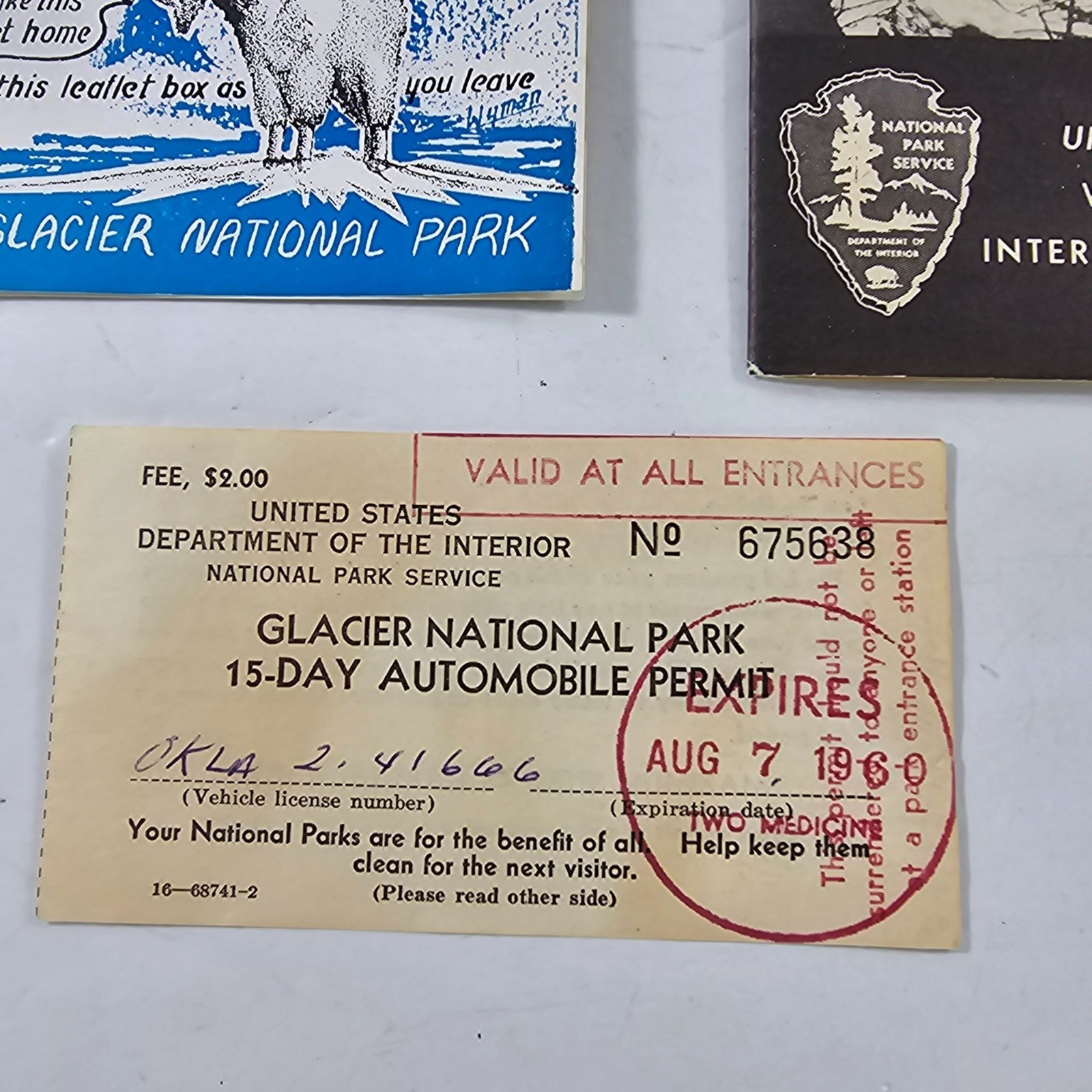 Glacier National Park Ephemera Lot: 2 Vintage Brochures& 1960 Automobile Permit