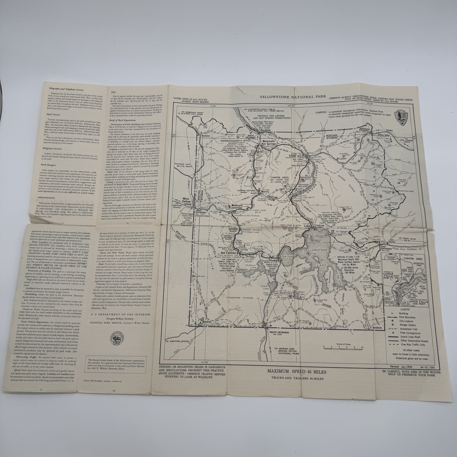 Vintage 1956 Yellowstone National Park Fold Out Brochure Map