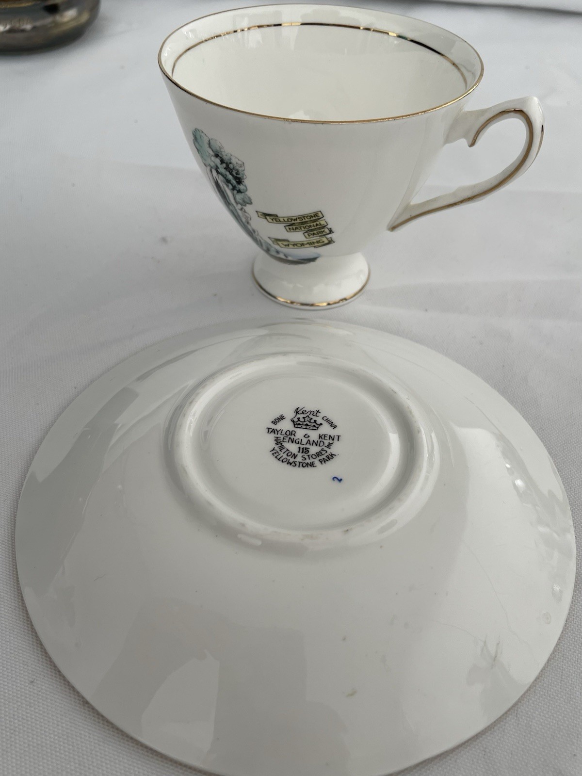 Vtg. Kent Bone China England Old Faithful Yellowstone National Park Cup/Saucer