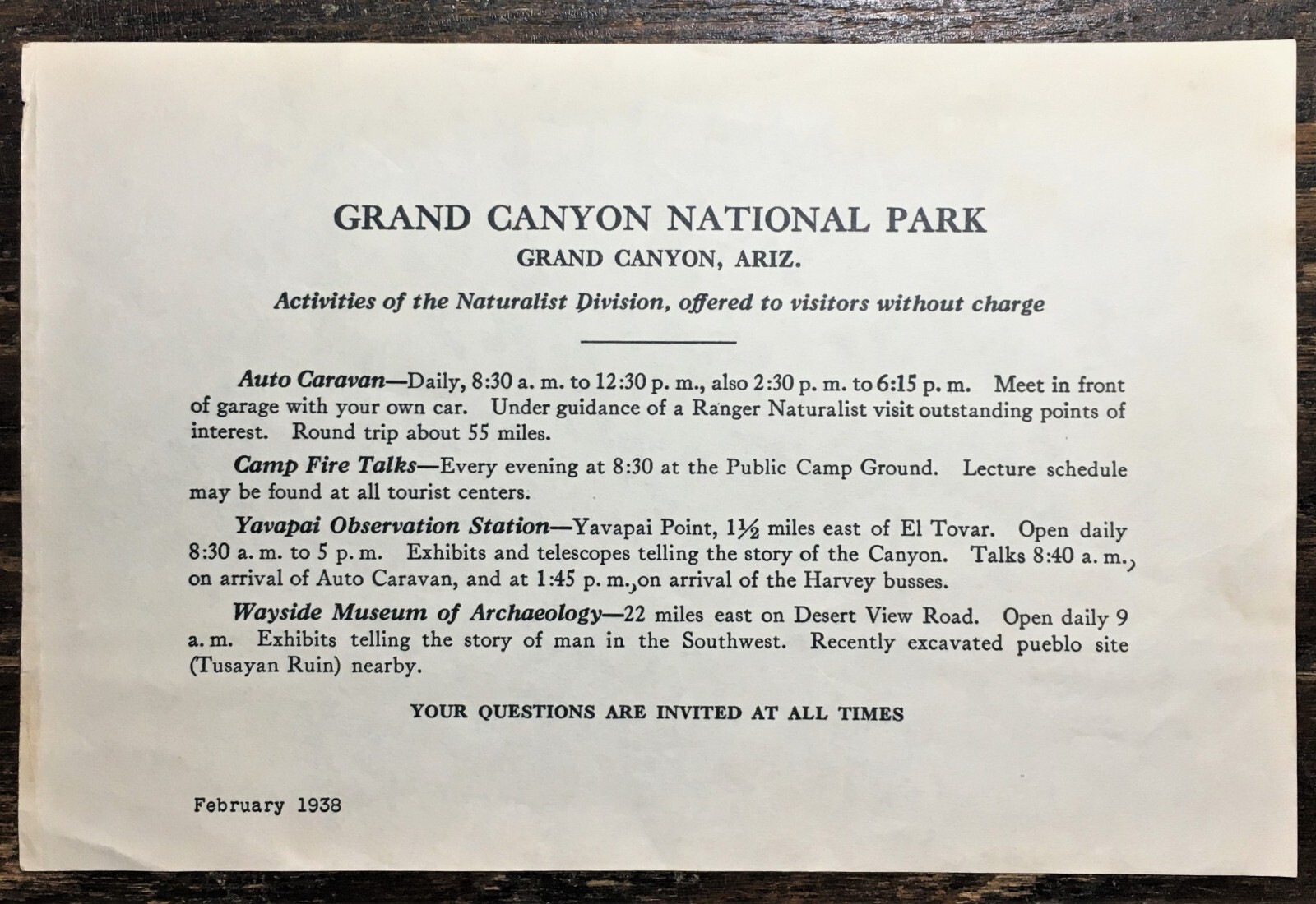 1938 Grand Canyon National Park Visitors List of Activities