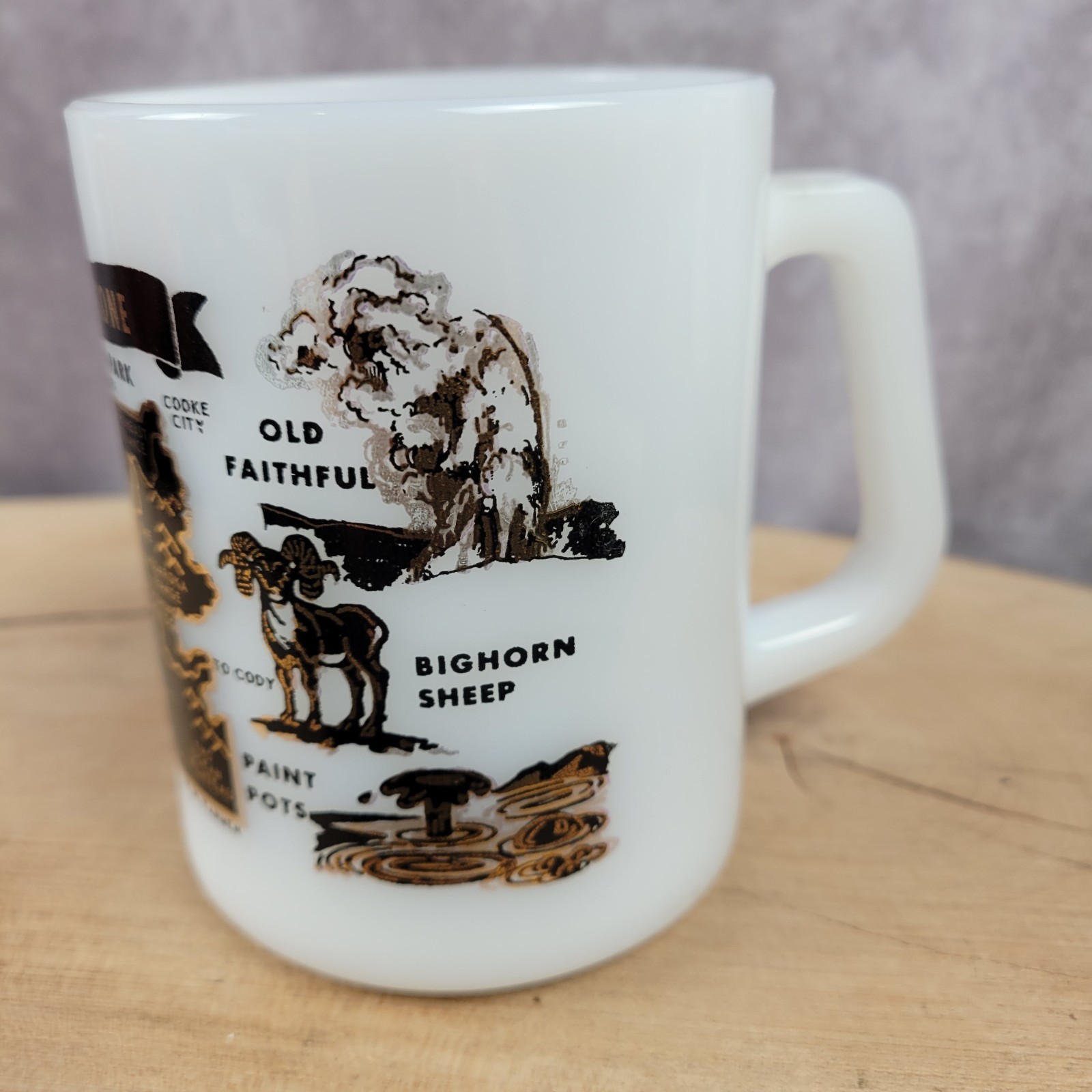 Vintage Yellowstone National Park Mug Federal Milk Glass Cup White Gold Black