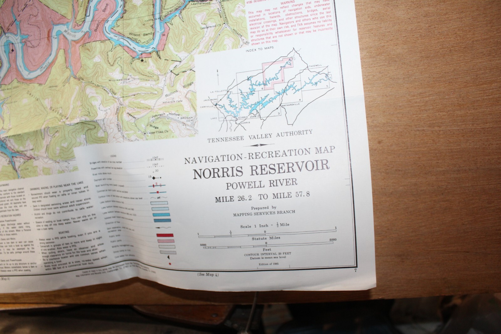 1985 Norris Lake Tennessee 21-1/2″ x 17″ Navigation Recreation Map TVA