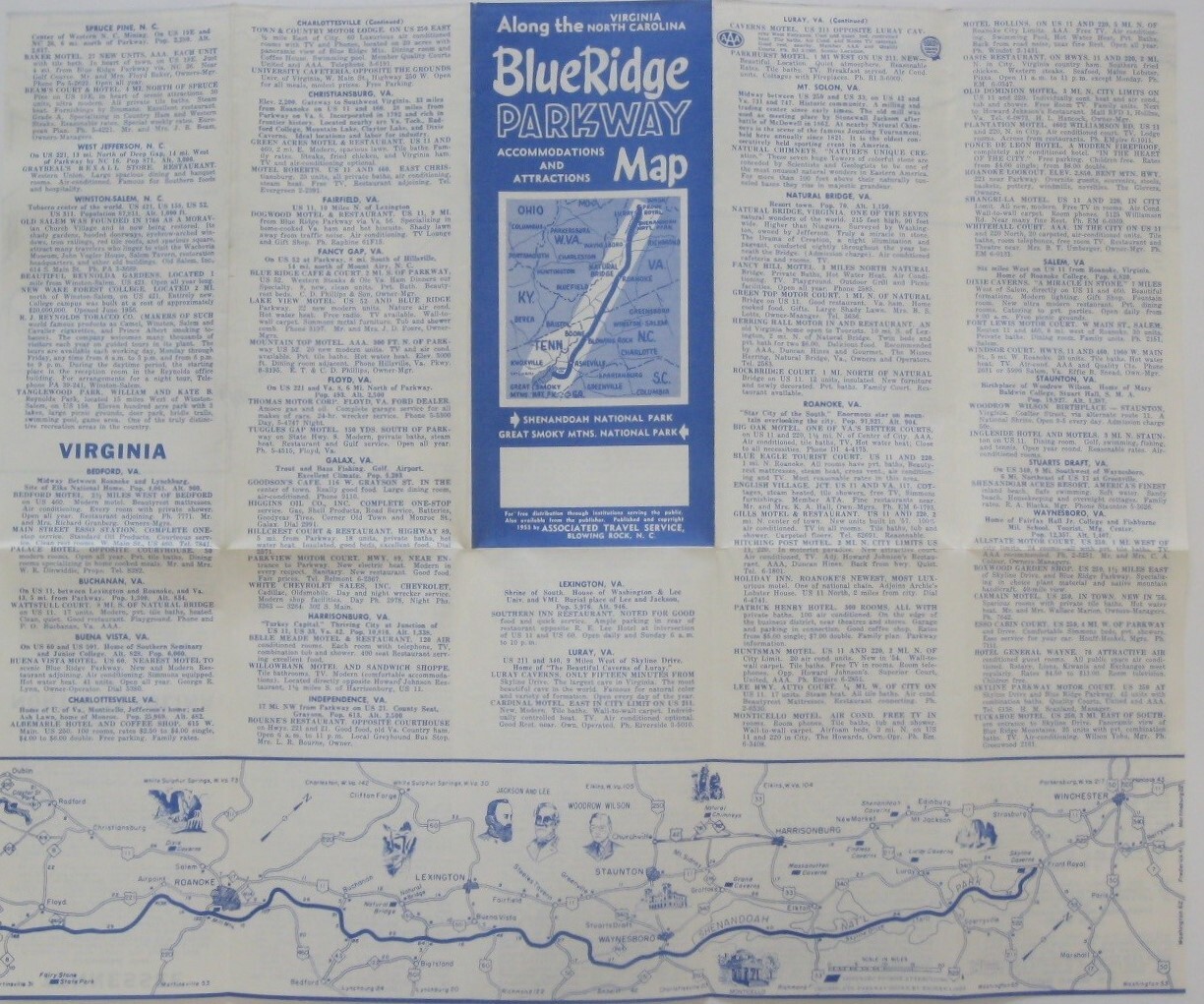 1955 Road Map Brochure BLUE RIDGE PARKWAY Virginia North Carolina National Parks
