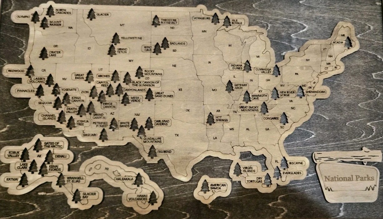 3D USA NATIONAL PARKS WOODEN TRAVEL TRACKER MAP