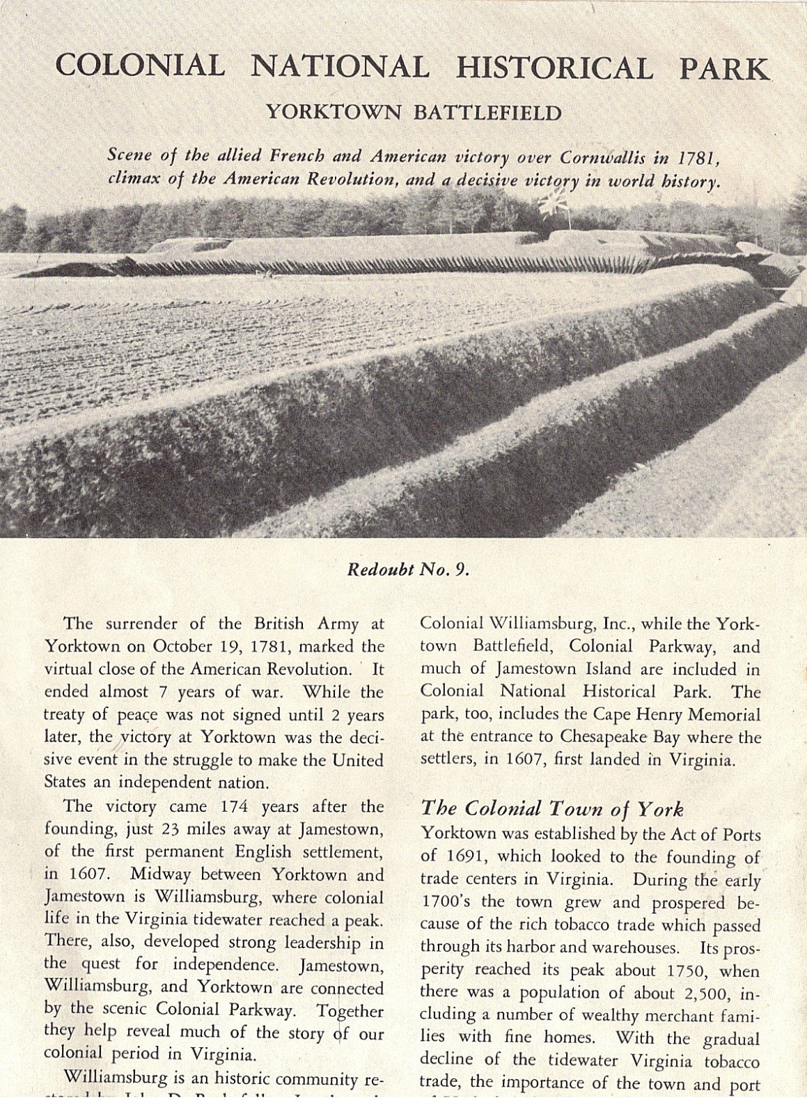 1962 Yorktown Battkefield Colonial Natl Historical Park VA Map History