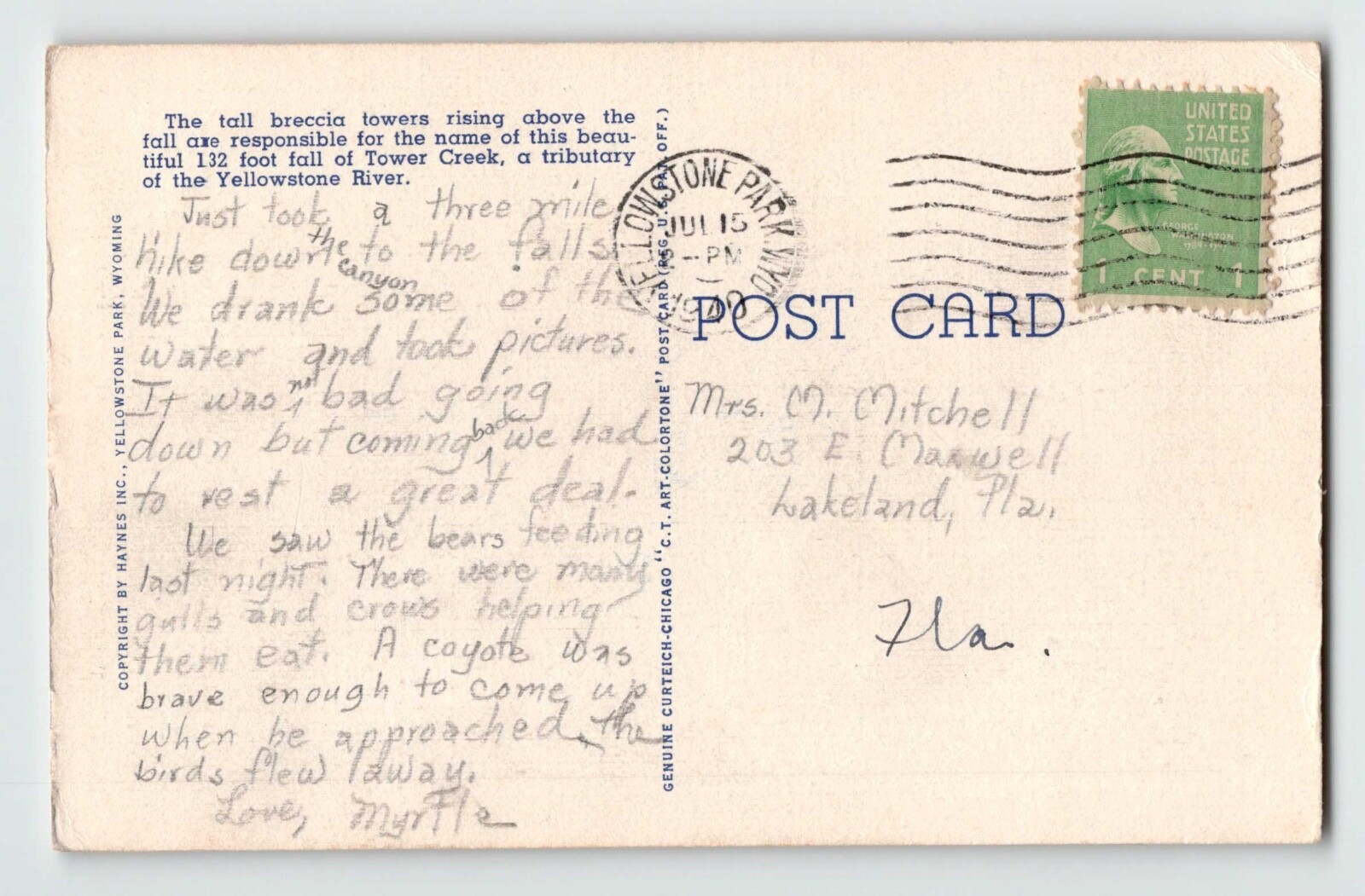 1940 Yellowstone Park linen post cards