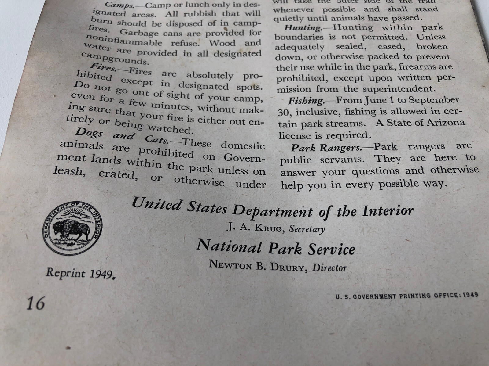 Grand Canyon National Park Brochure Guide 1949 National