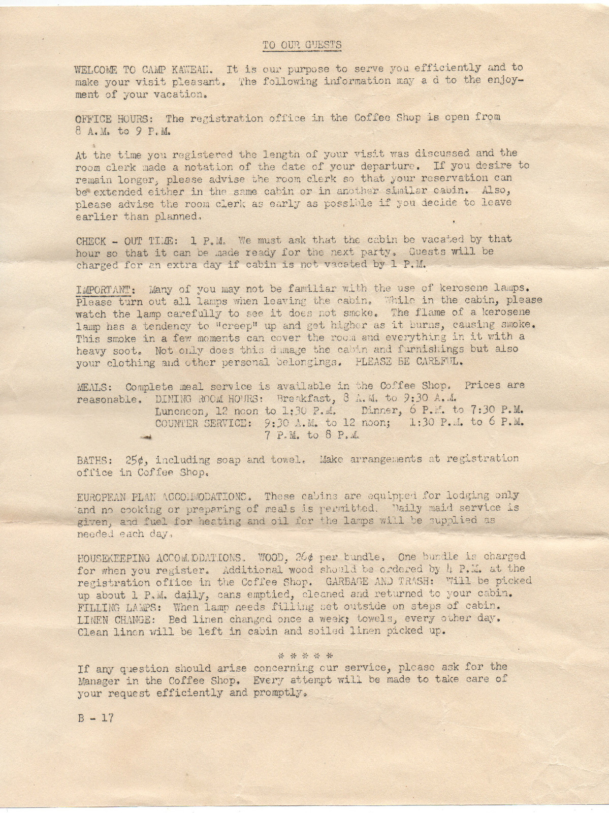 1949 Informational Flier for Guests at Camp Kaweah at Sequoia National Park