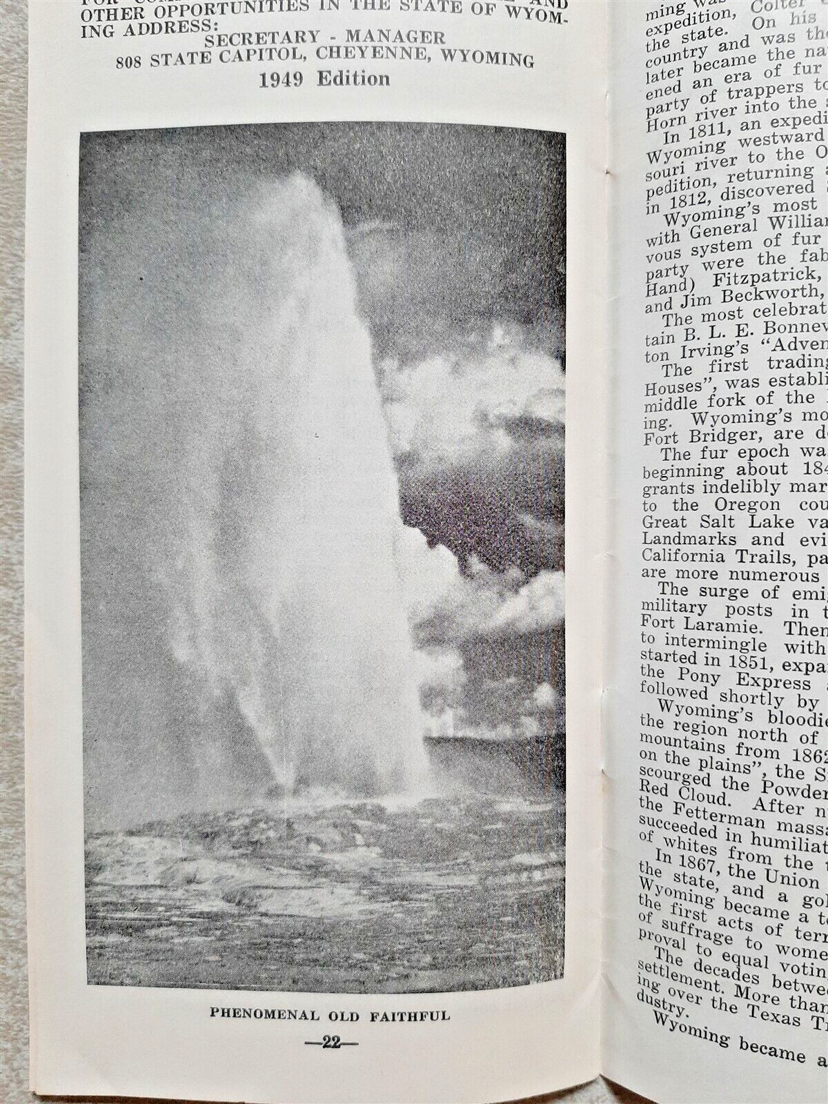 1949 Wyoming Travel Brochure, Yellowstone, Devil’s Tower, Old Faithful etc.