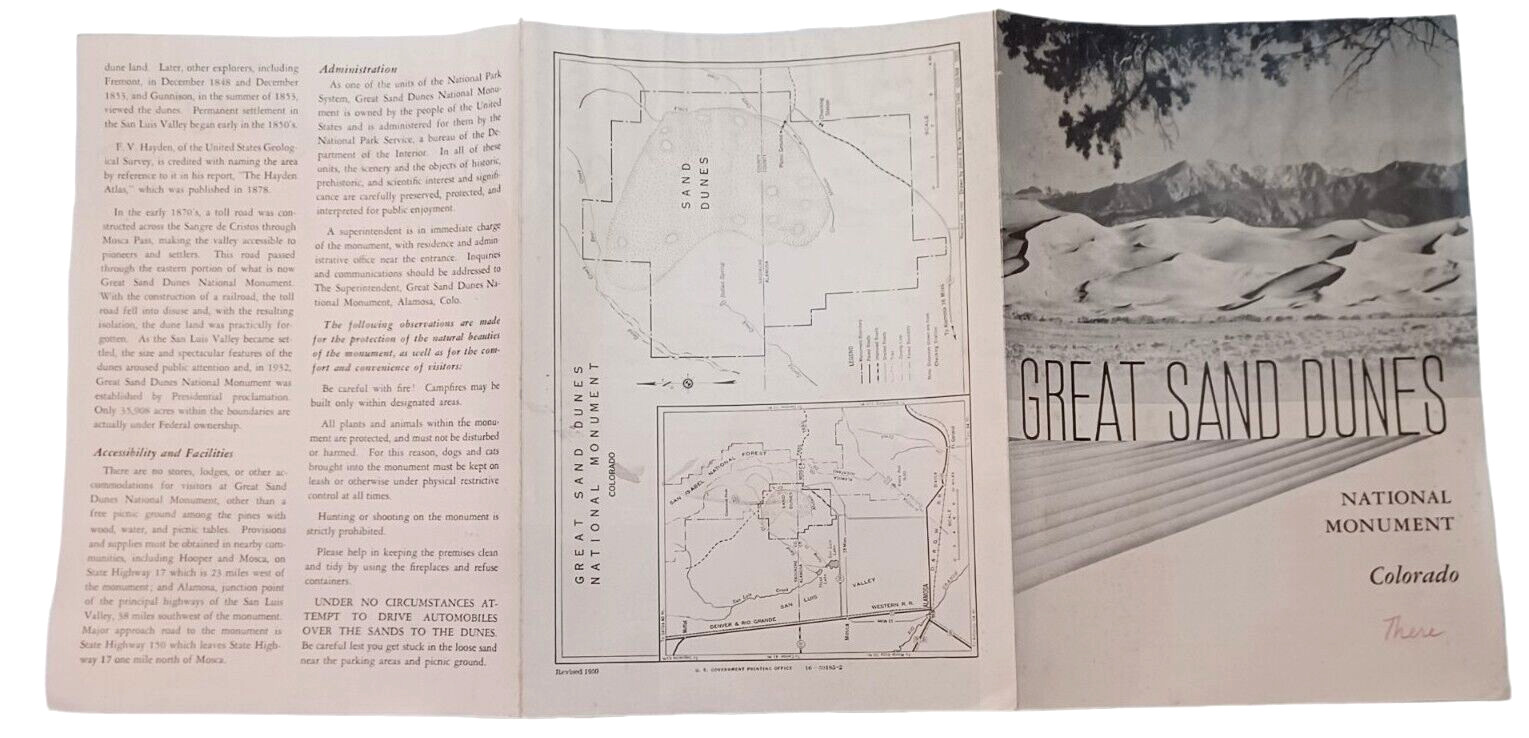1950 Great Sand Dunes National Monument US Park Service Brochure Map Arizona