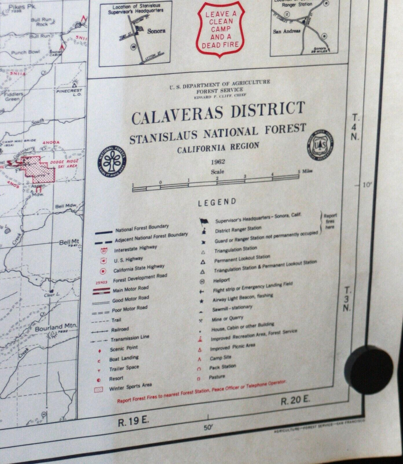 Vintage 1962 US Forest Service Map-CALAVERAS District, Stanislaus Forest 18×20