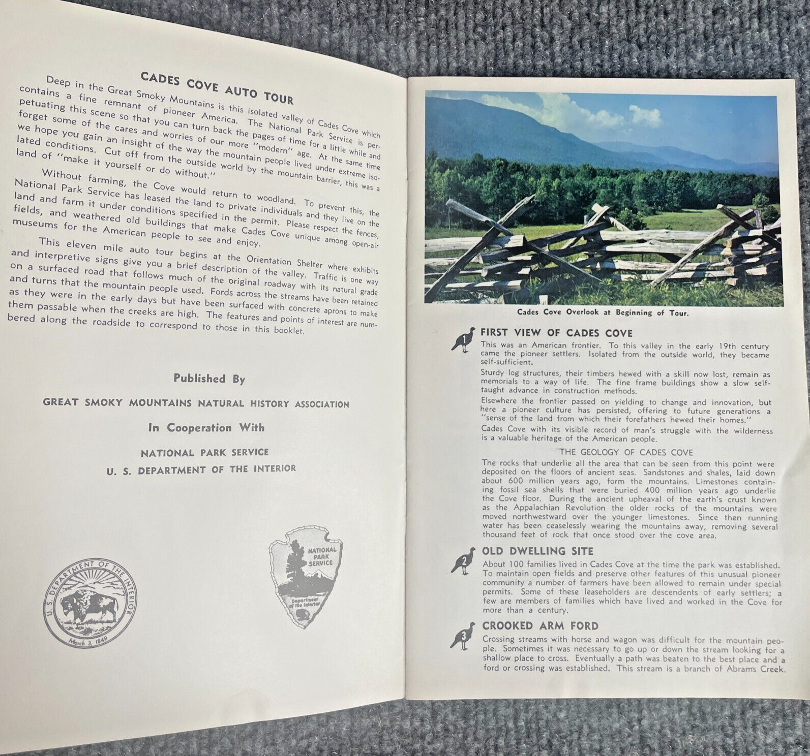 Vintage 1970s Cades Cove Self-Guiding Auto Tour Travel Guide Brochure Booklet