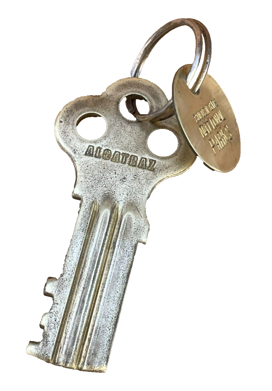 Vintage Souvenir Alcatrz Brass Key w/ Golden Gate National Park Tag Fob