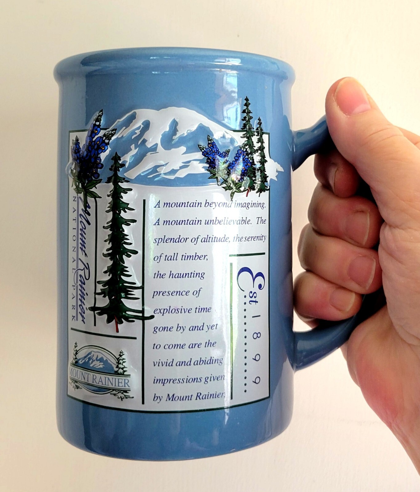 Mount Rainier National Park 14oz Souvenir Poem Coffee Mug Cup Blue Vtg 1990s