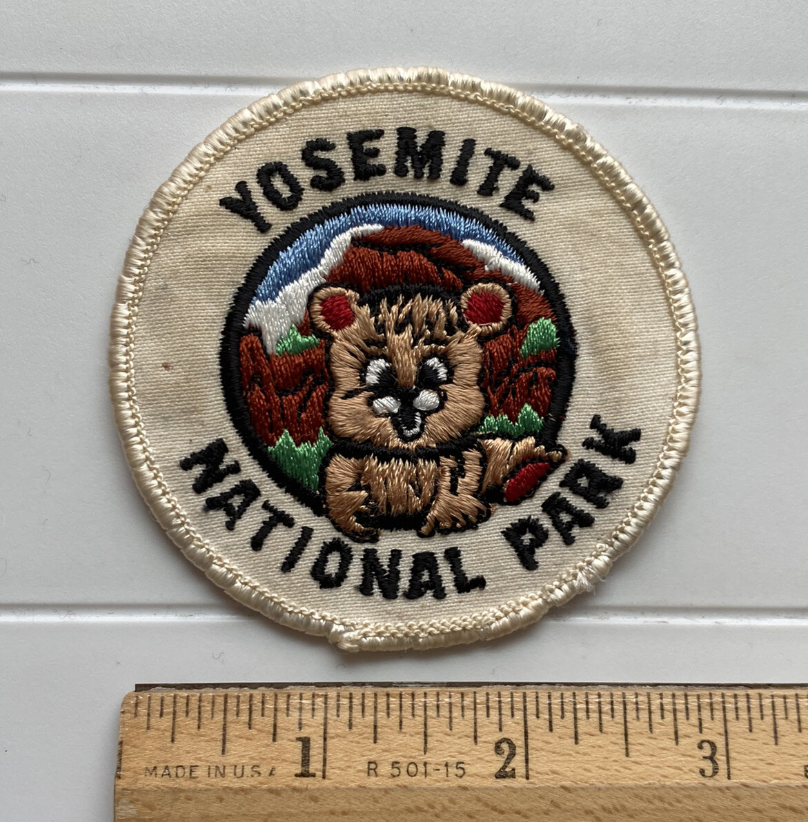 Yosemite National Park CA Bear Animal Cub Round White Embroidered Patch Badge