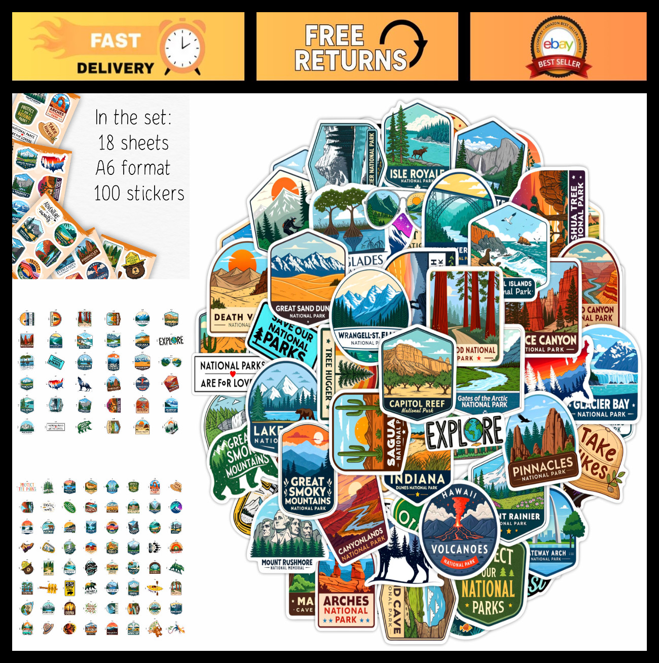 100Pcs National Park Stickers for Water Bottles – Outdoor Camping Hiking Decor