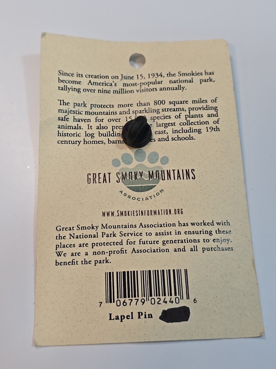 Great Smoky Mountains National Park Travel Souvenir Pin North Carolina/Tennessee