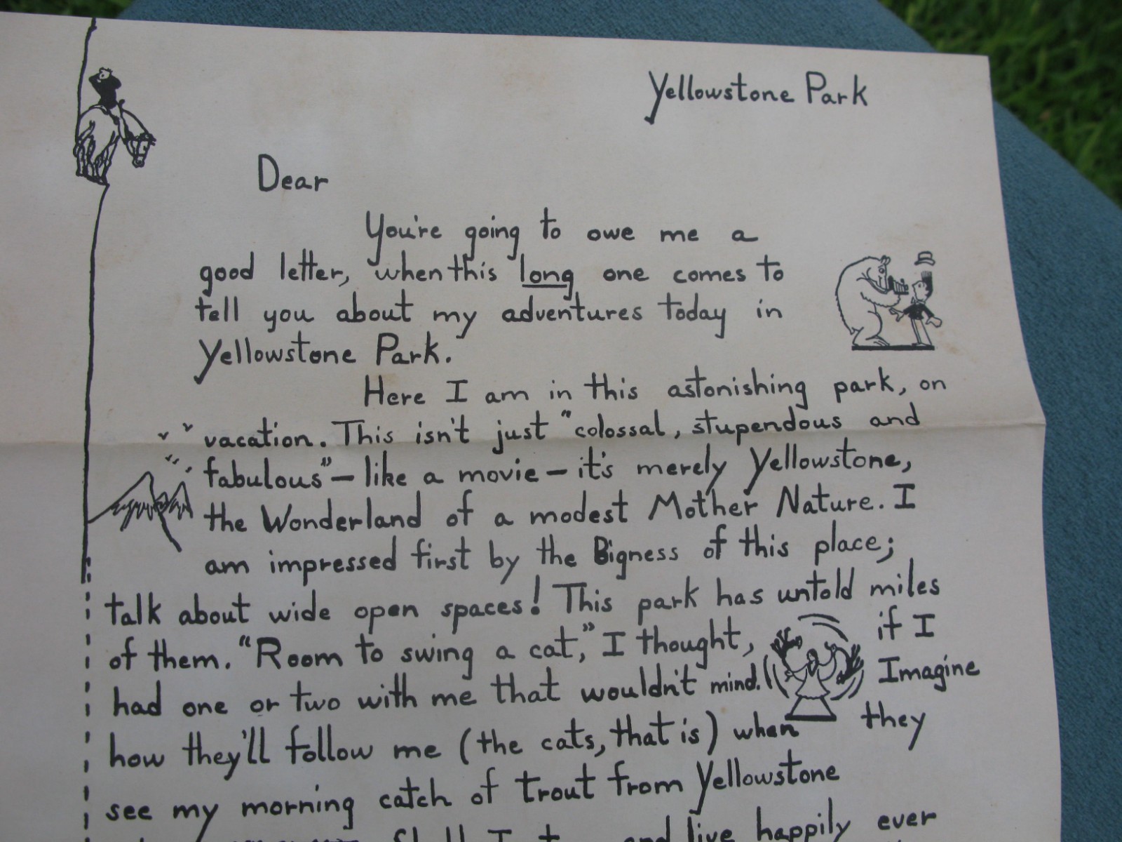 Rare, Original , Unusual and OLD Preprinted Letter from YELLOWSTONE PARK 9 x 33″