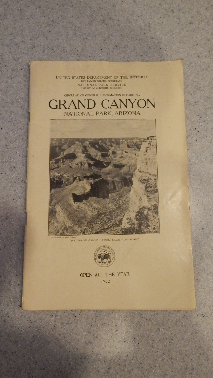 Grand Canyon National Park Service & Department of the Interior 1932 Booklet