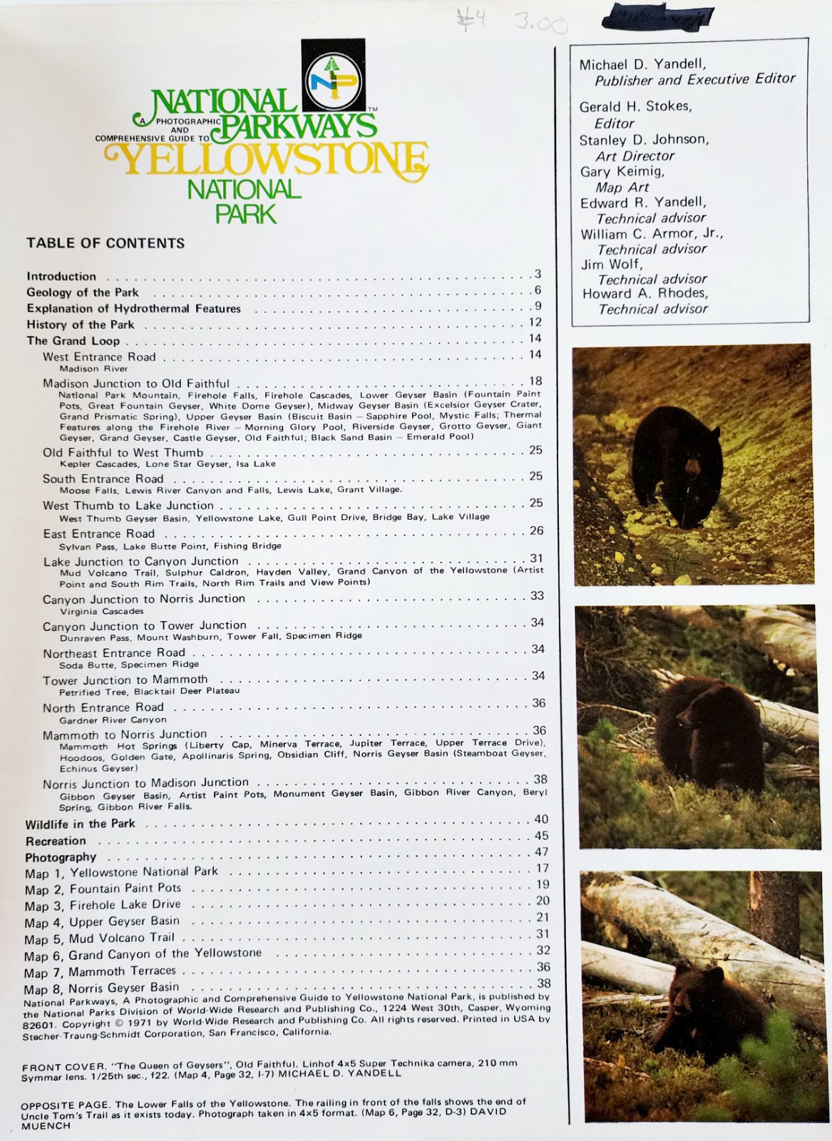1971 Yellowstone National Park PB Guide Book Natl Parkways 1st Edition DWRR3