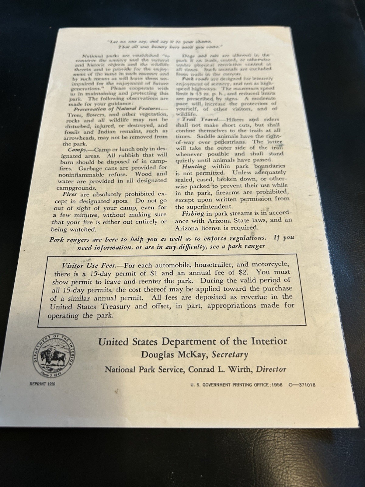 1956 Grand Canyon National Park Dept Of Interior 16 Pg Booklet