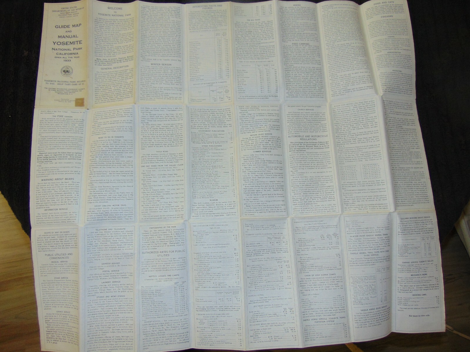 REPRINT OF 1933 U.S. DEPT. OF THE INTERIOR 28″ X 32″ YOSEMITE GUIDE MAP & MANUAL