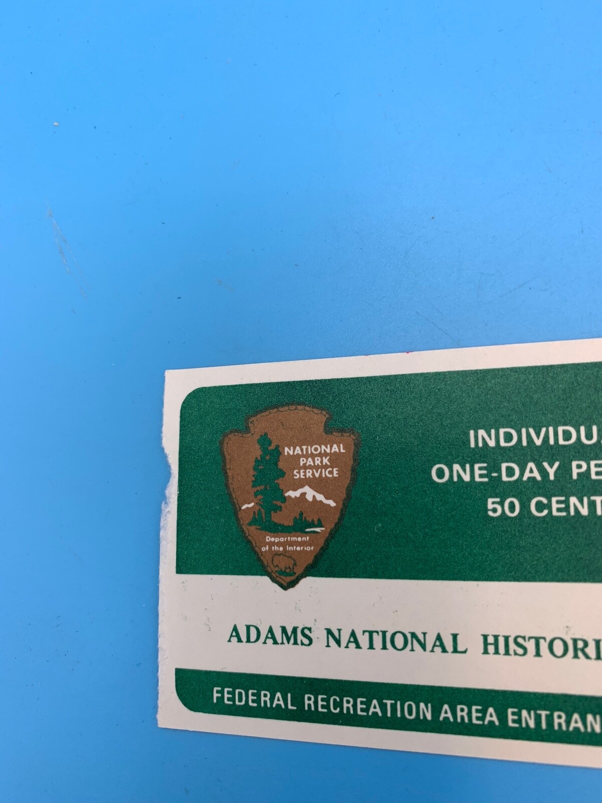 ONE-DAY PERMIT 50 CENTS ADAMS NATIONAL HISTORIC 3.5″ X 2.5″ VINTAGE INDIVIDUAL