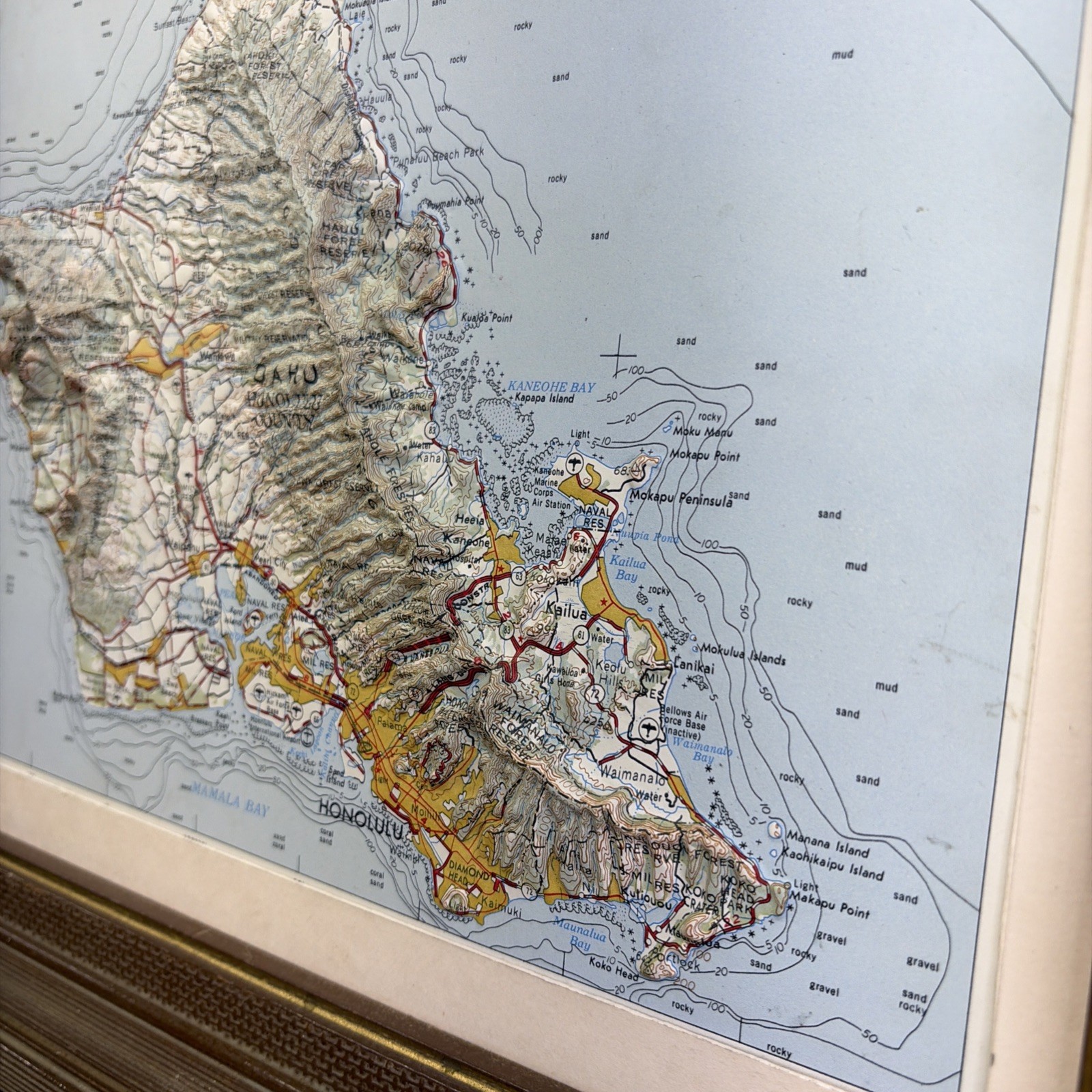 Raised Relief Map of the island of Oahu, Hawaii Honolulu 3D Framed Vintage