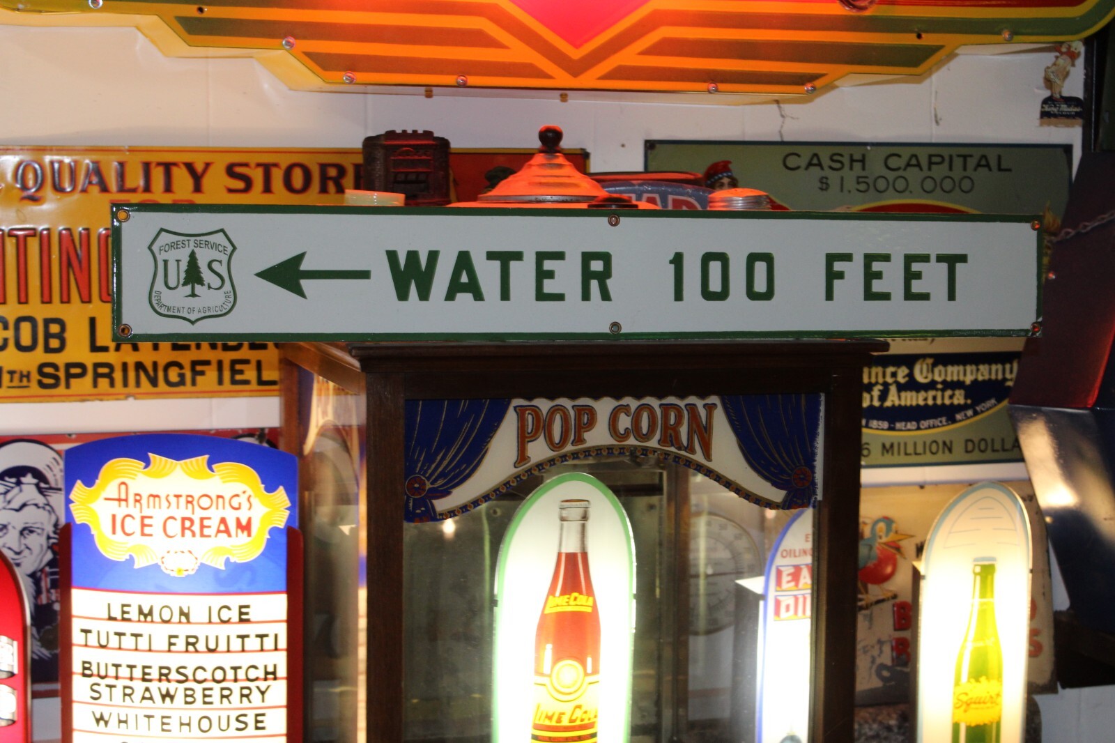 RARE US FOREST WATER 100 FEET PORCELAIN METAL SIGN CAMPING NATIONAL PARK SMOKEY