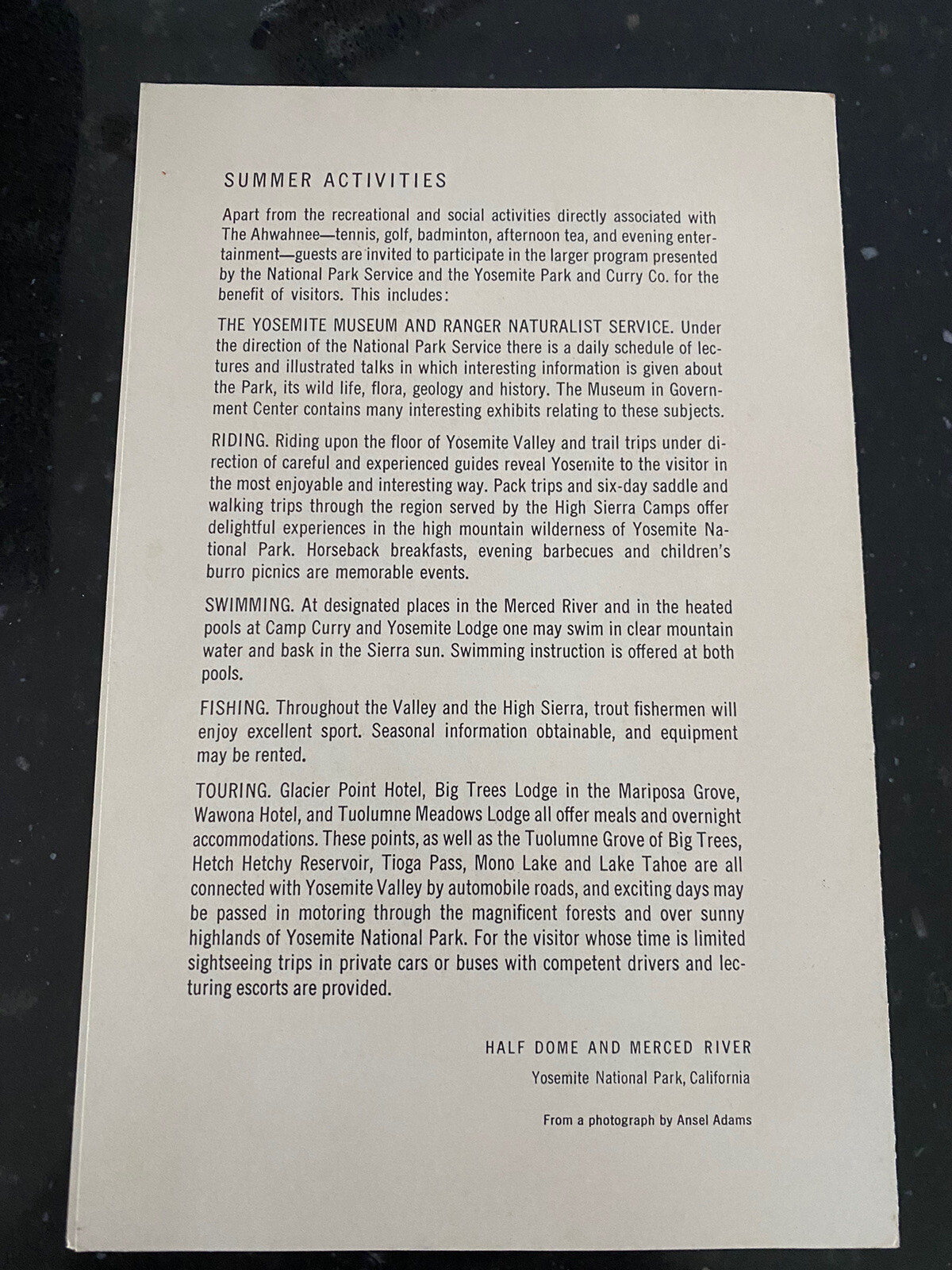 Ahwahnee Dinner Menu Yosemite National Park December 23, 1954