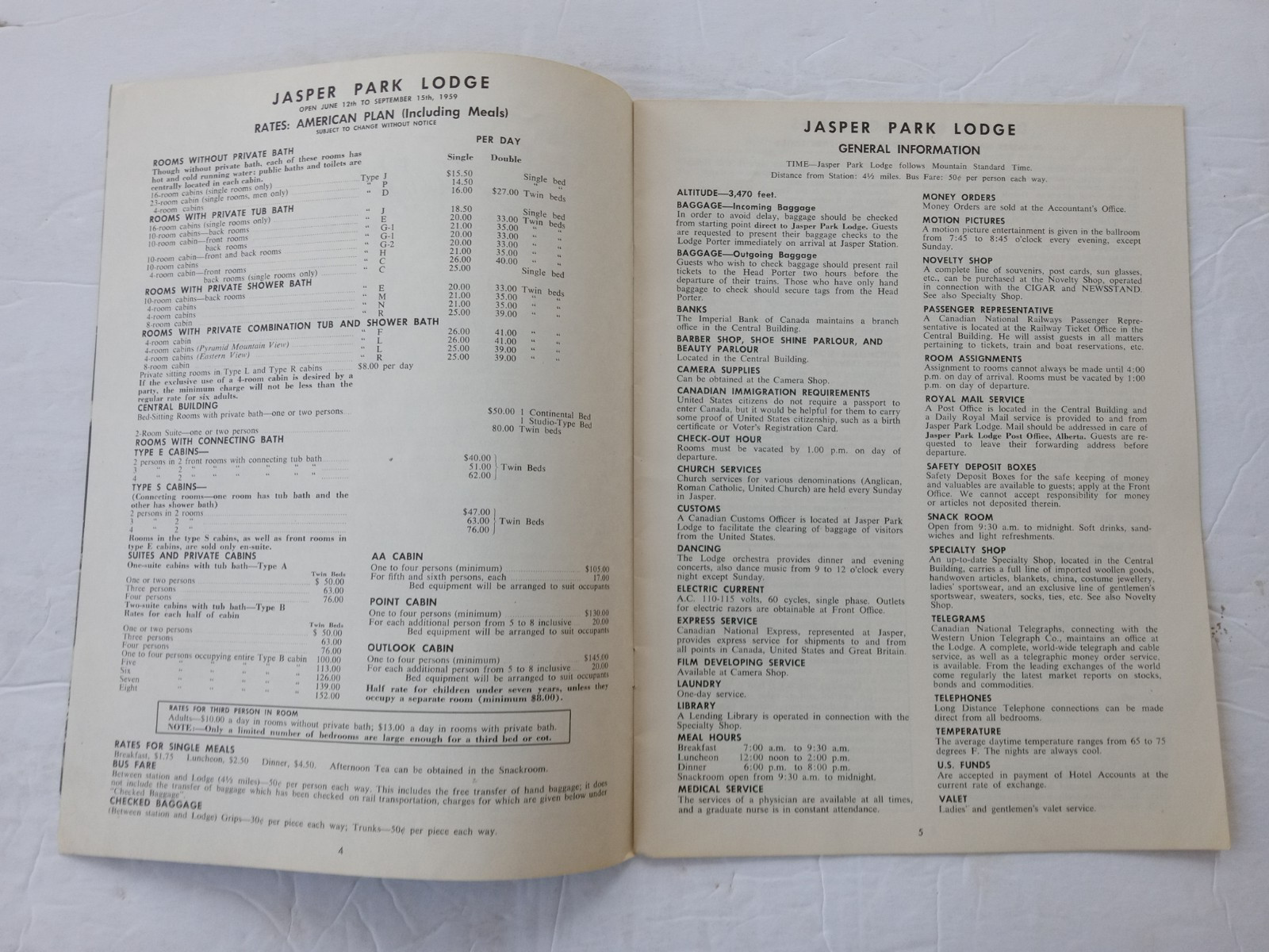 JASPER PARK LODGE Alberta 1959 Rates Information Book Canadian National Railways