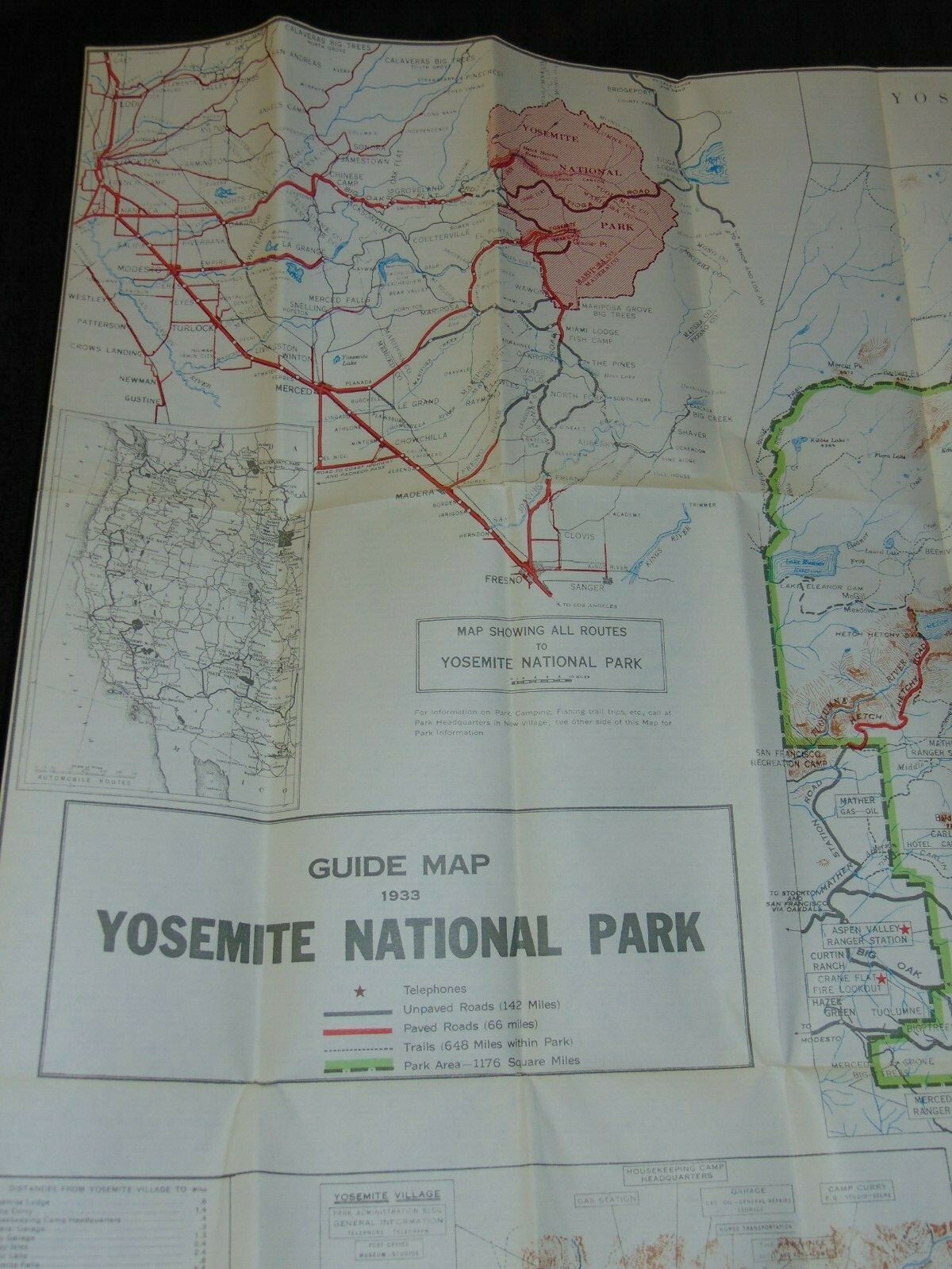 REPRINT OF 1933 U.S. DEPT. OF THE INTERIOR 28″ X 32″ YOSEMITE GUIDE MAP & MANUAL