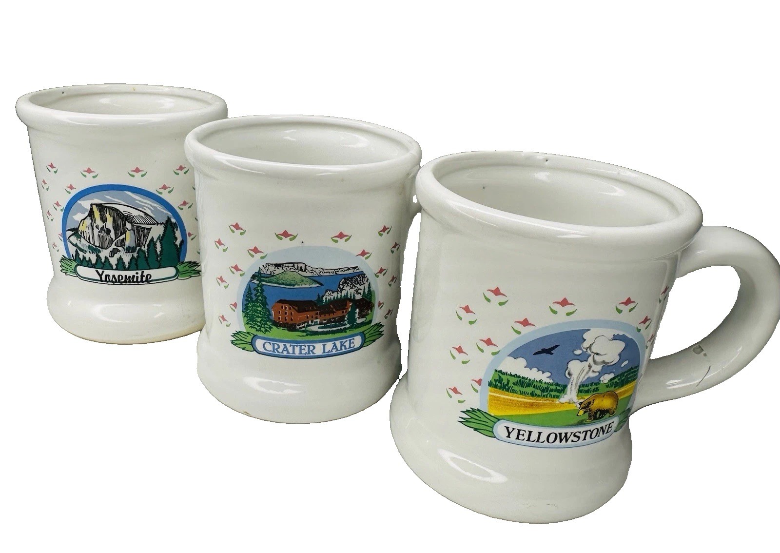 Vintage Set of 3 National Park Souvenir Coffee Mugs Yellowstone Yosemite Ceramic