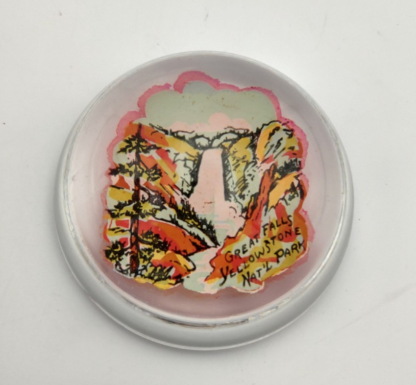 Vintage Glass Paperweight Yellowstone National Park Great Falls Hand Painted Art