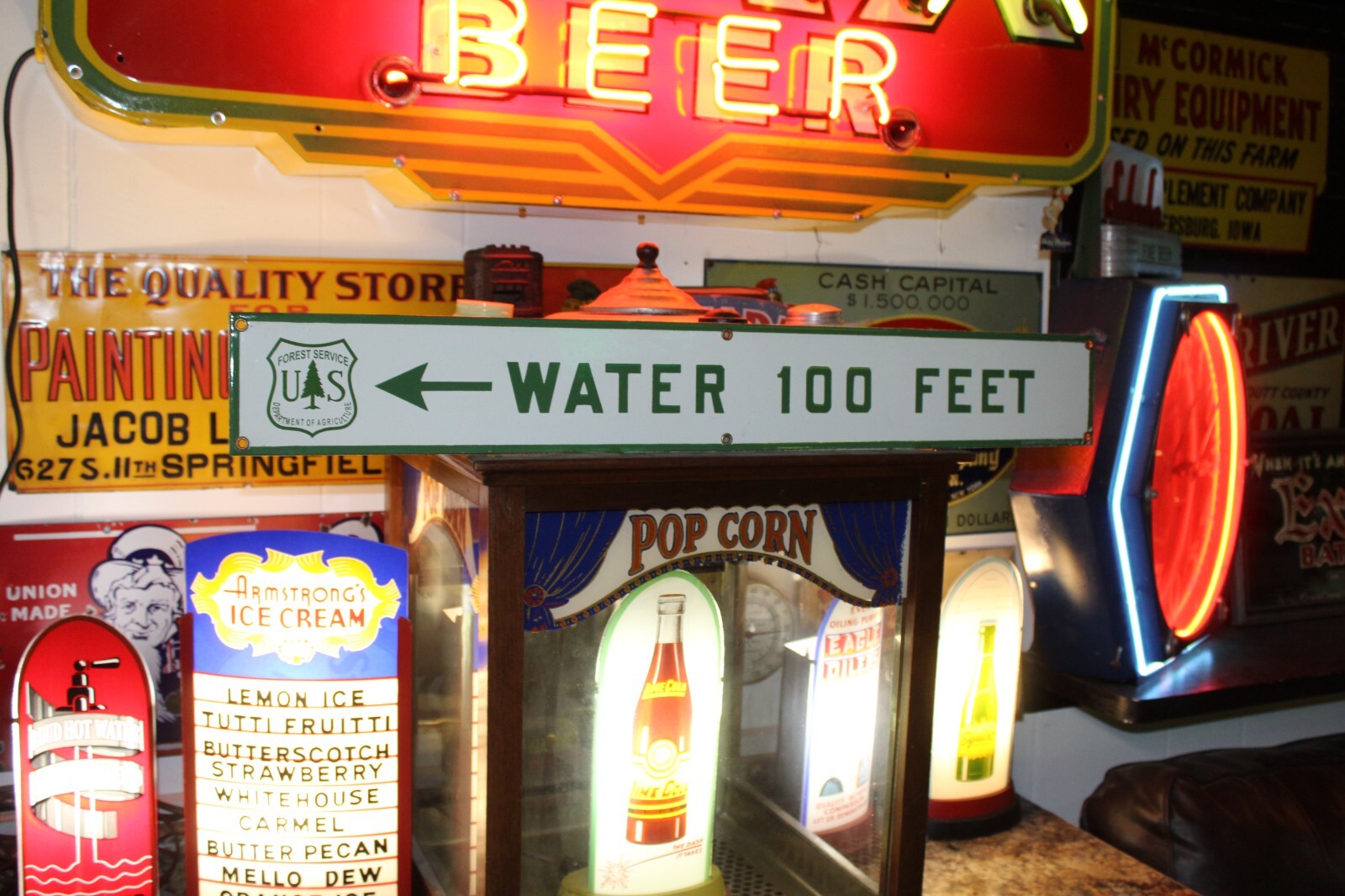 RARE US FOREST WATER 100 FEET PORCELAIN METAL SIGN CAMPING NATIONAL PARK SMOKEY