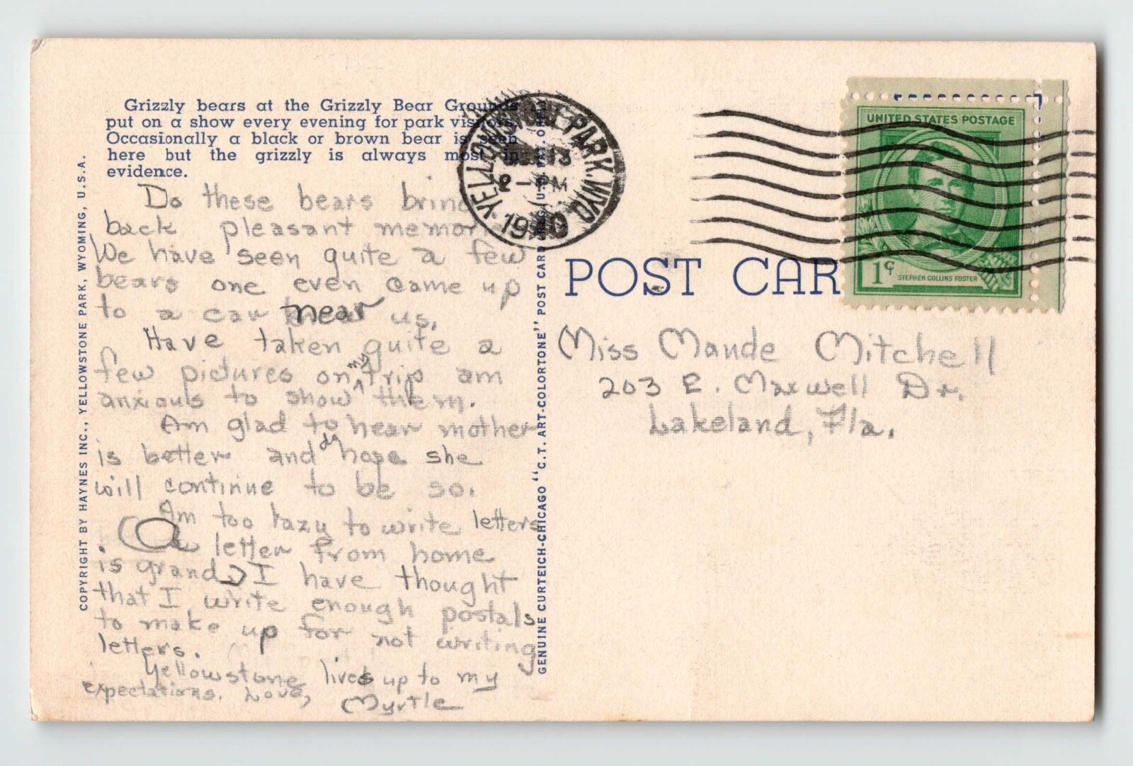 1940 Yellowstone Park linen post cards