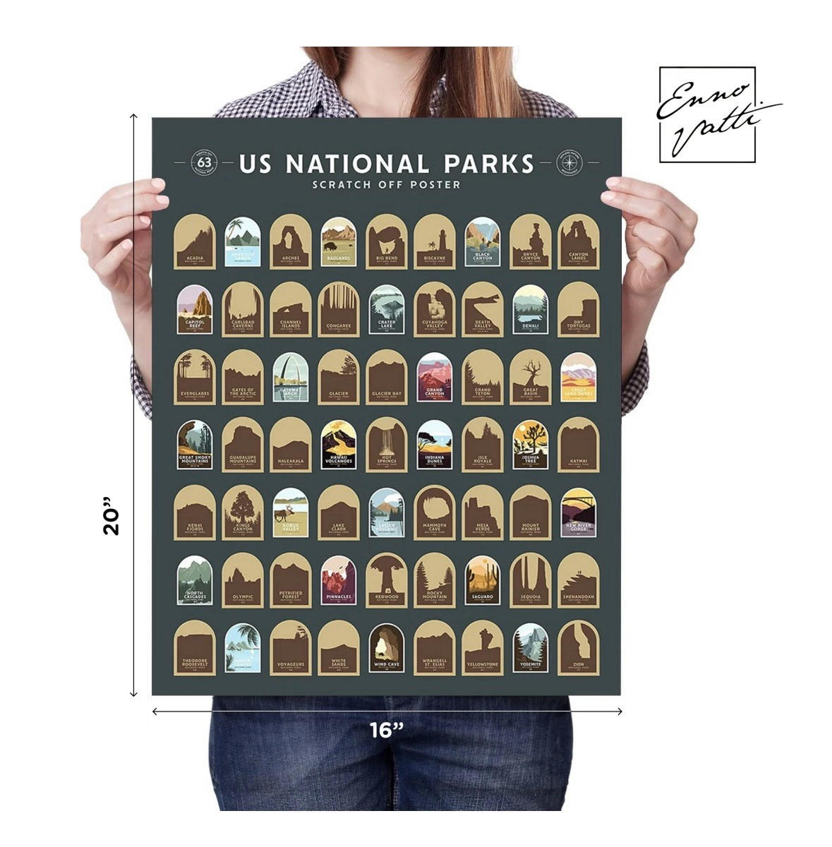 Enno Vatti US National Parks Scratch Off Poster – Map of 63 National Parks NEW