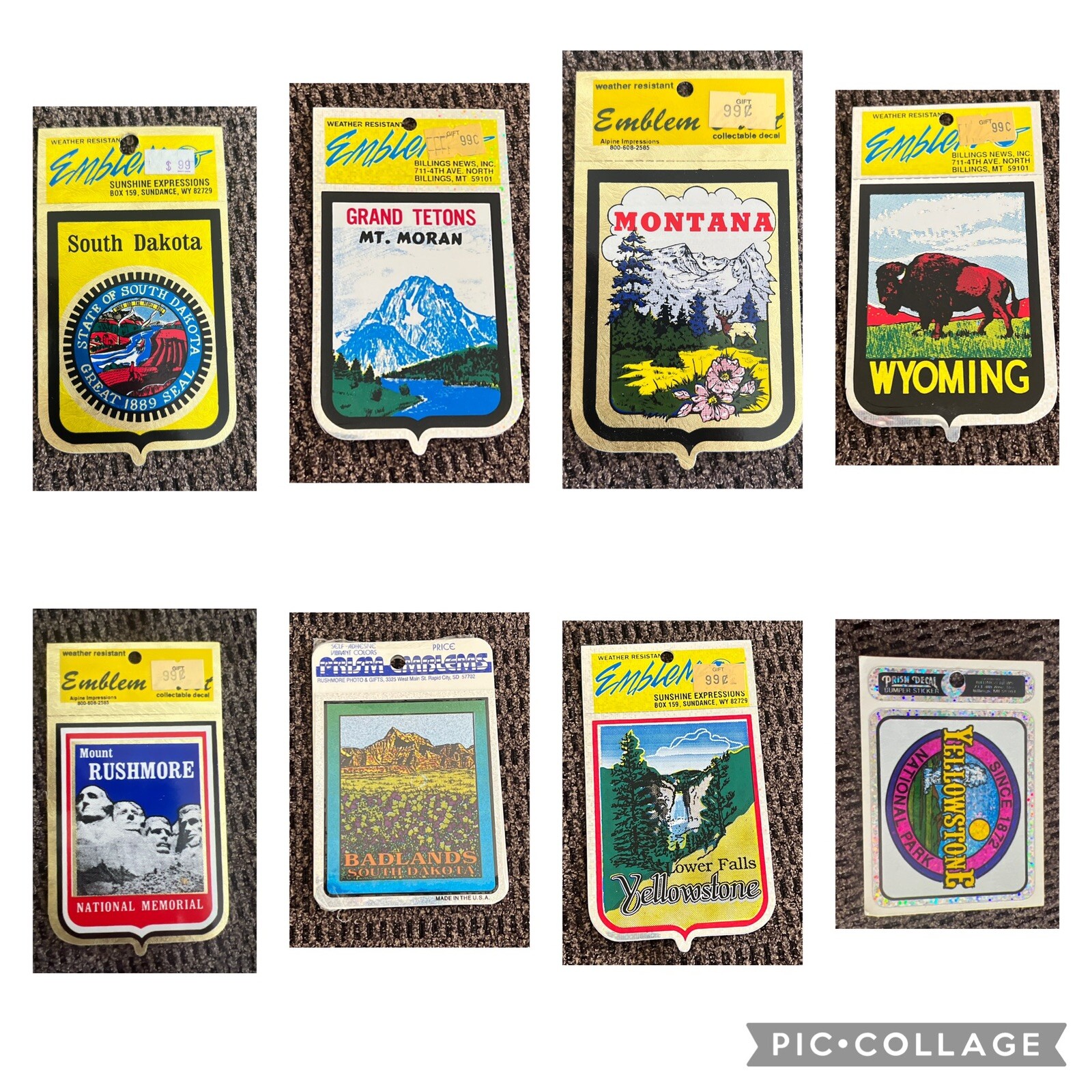 Set Of 8 VINTAGE SOUVENIR EMBLEMS, DECALS W/ ORIGINAL PACKAGING RARE