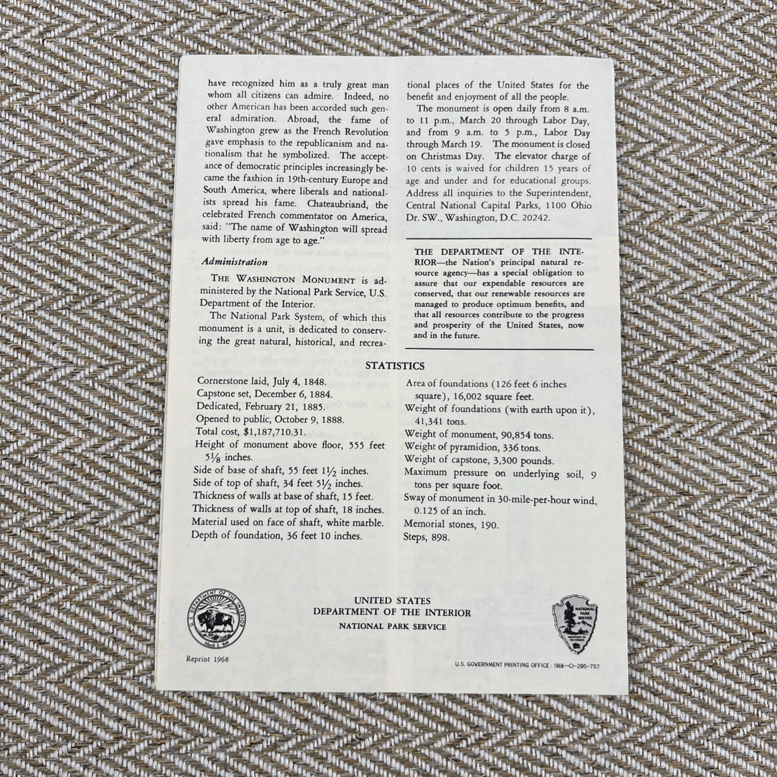 1968 Washington Monument brochure History Dept of Interior Nat’l Park Service