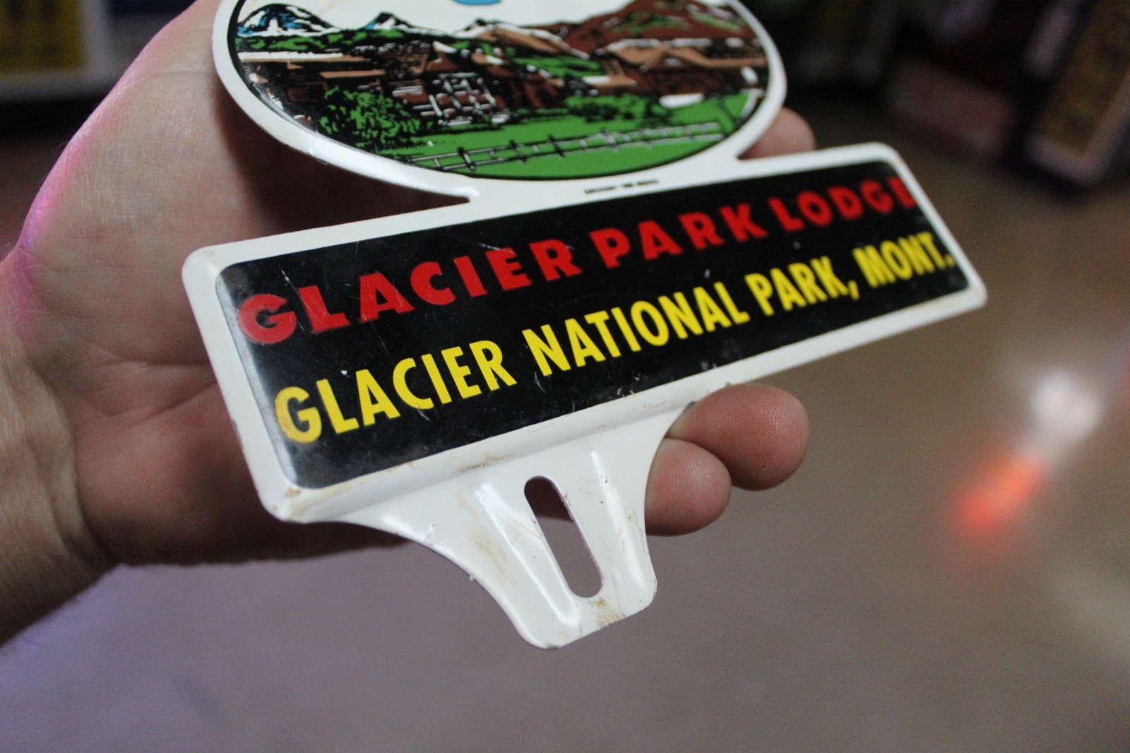 RARE 1950s GLACIER NATIONAL PARK LODGE MONTANA STAMPED PAINTED METAL TOPPER SIGN