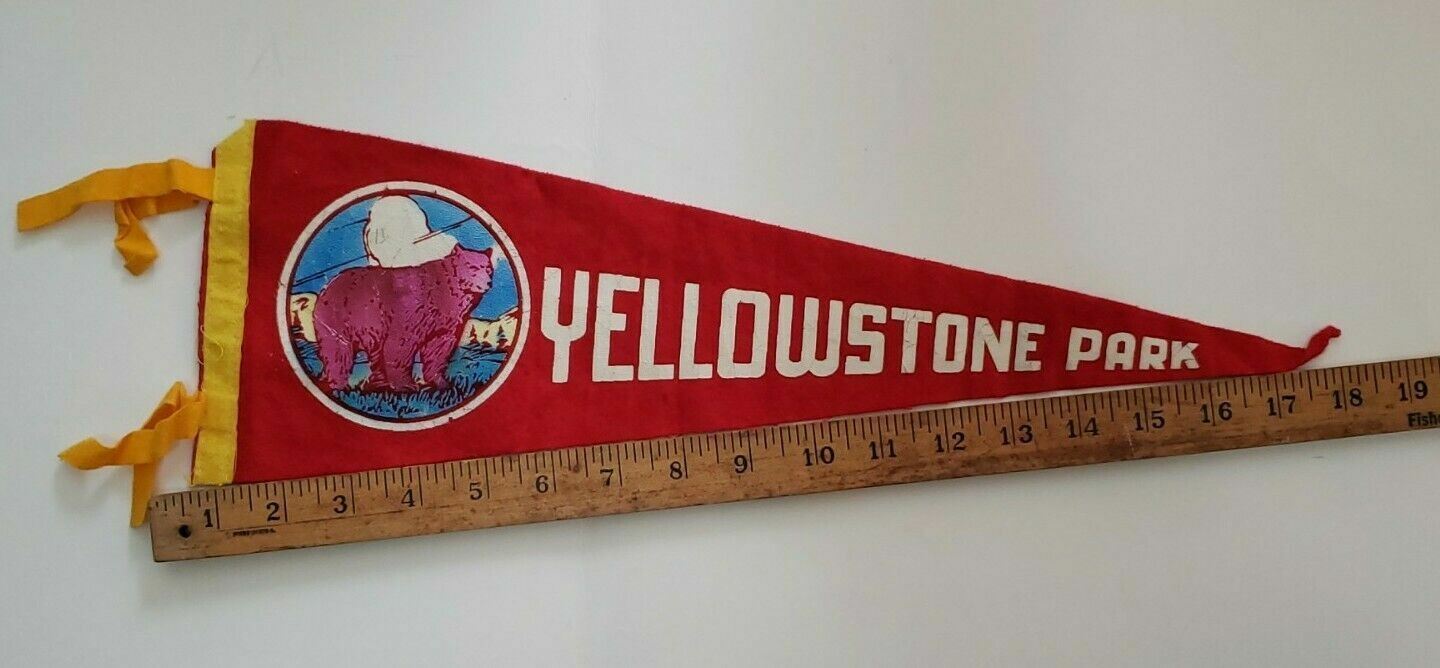 Vintage red felt Yellowstone National Park Bear travel souvenir banner pennant